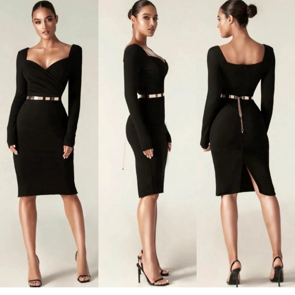 Alieva Small Khai Sweetheart Neckline Long Sleeve Bodycon LBD Midi Dress